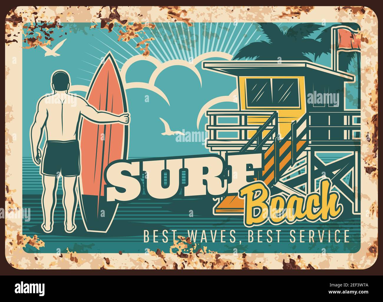 Surf piatto di metallo arrugginito, surfista con surf sulla spiaggia con onde oceaniche, vettore vintage poster retrò. Surf sport e club segno o metallo piastra wi Illustrazione Vettoriale