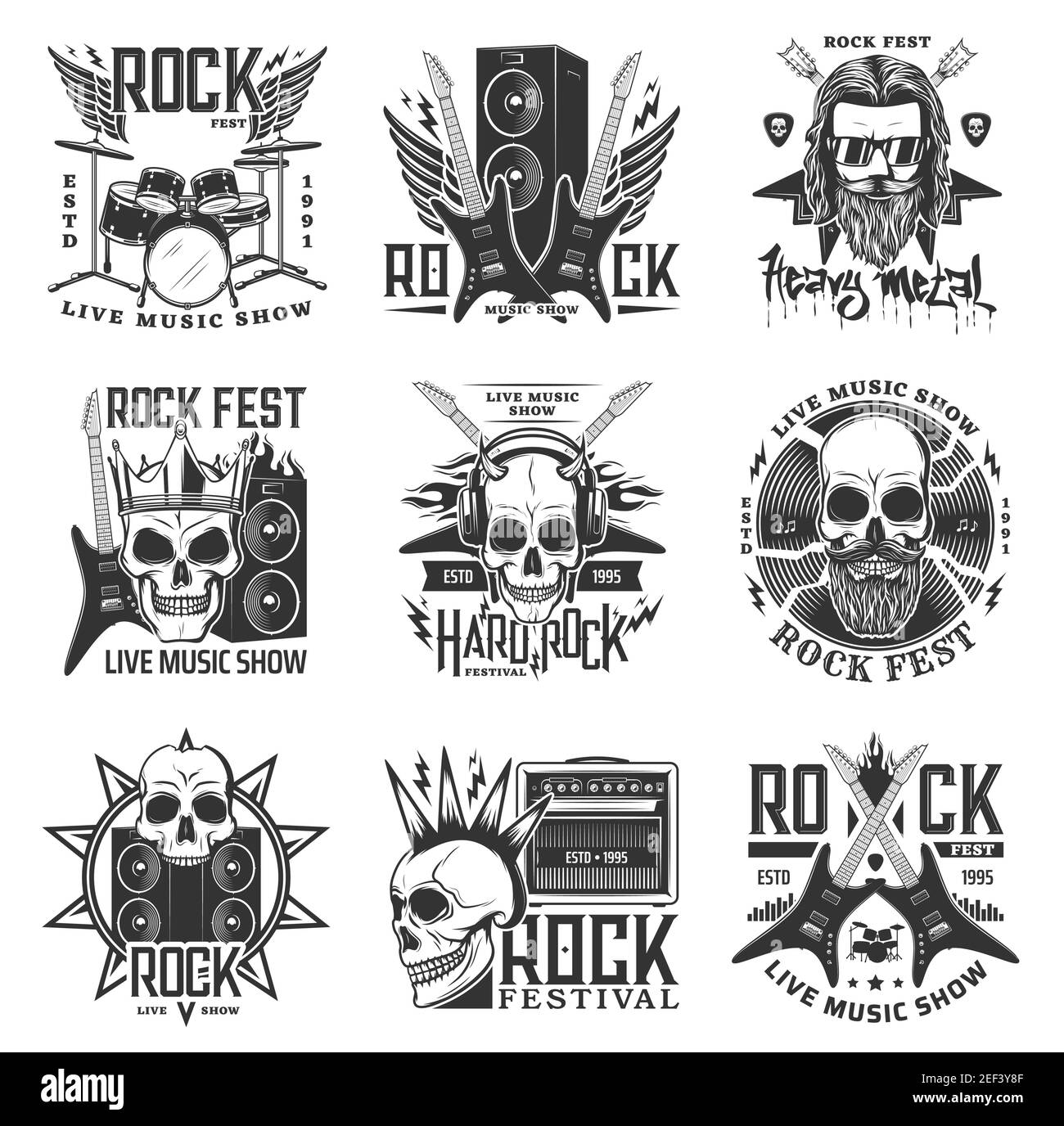 Festival di musica rock, spettacoli dal vivo icone incise. Cranio umano con corna, barba e punk Spike taglio mohawk, indossare corona, chitarra elettrica, loudspeake Illustrazione Vettoriale