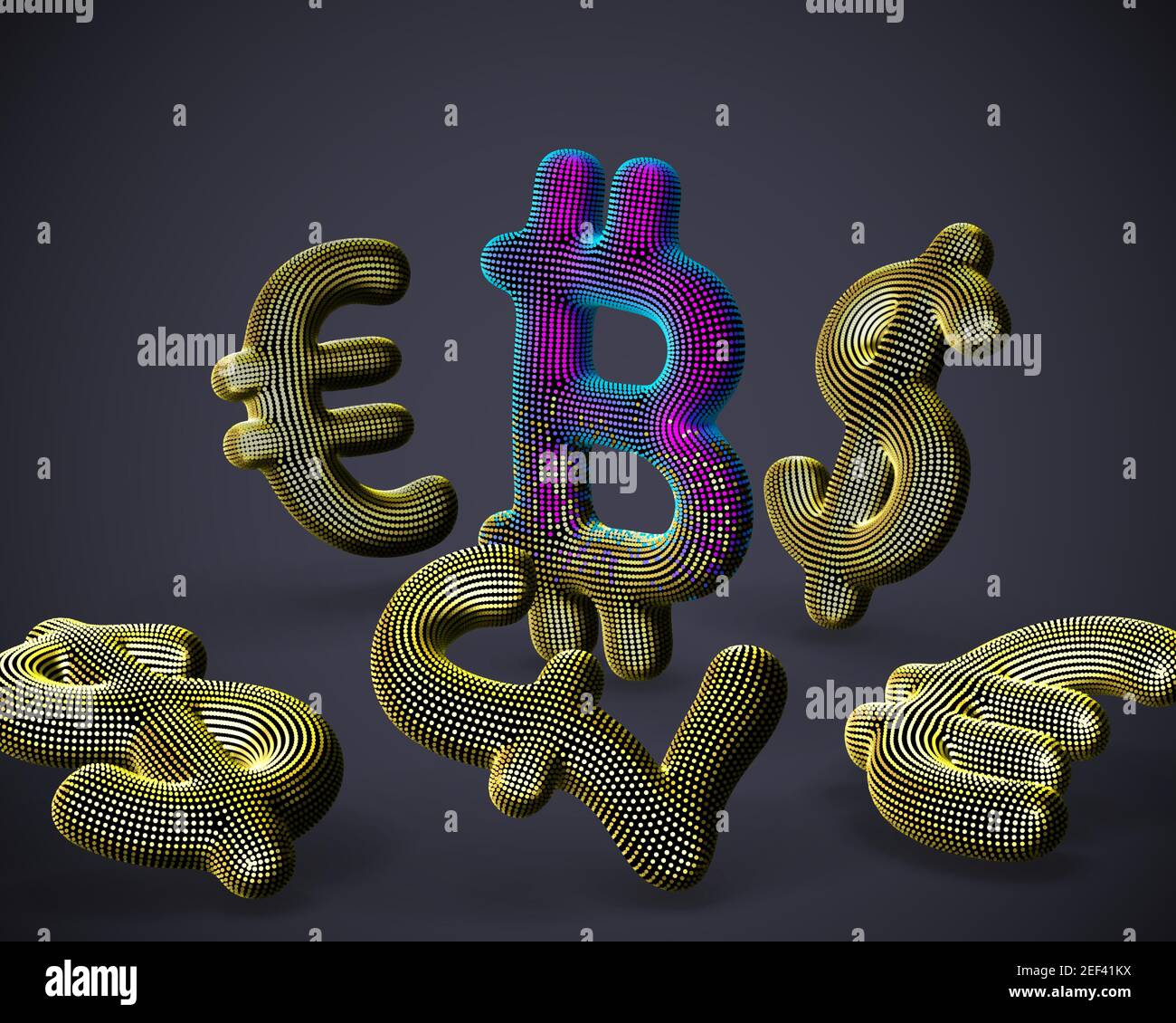 Logo 3D Bitcoin criptovalente circondato da cartelli Fiat Currencies Illustrazione Vettoriale