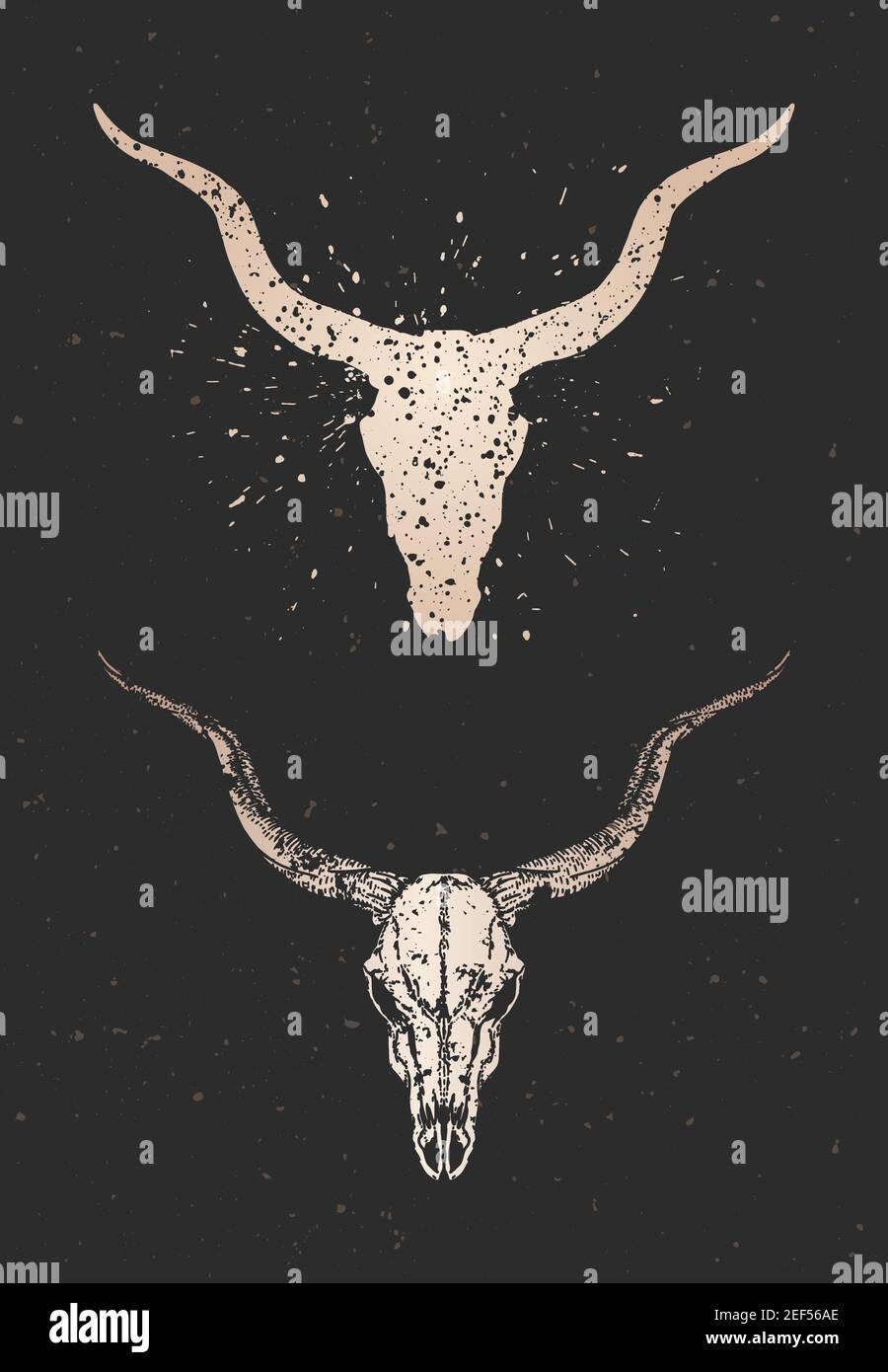 Illustrazione vettoriale con due varianti di cranio antilope disegnato a mano su sfondo nero. Silhouette dorate e contorno con texture grunge. Per voi desi Illustrazione Vettoriale
