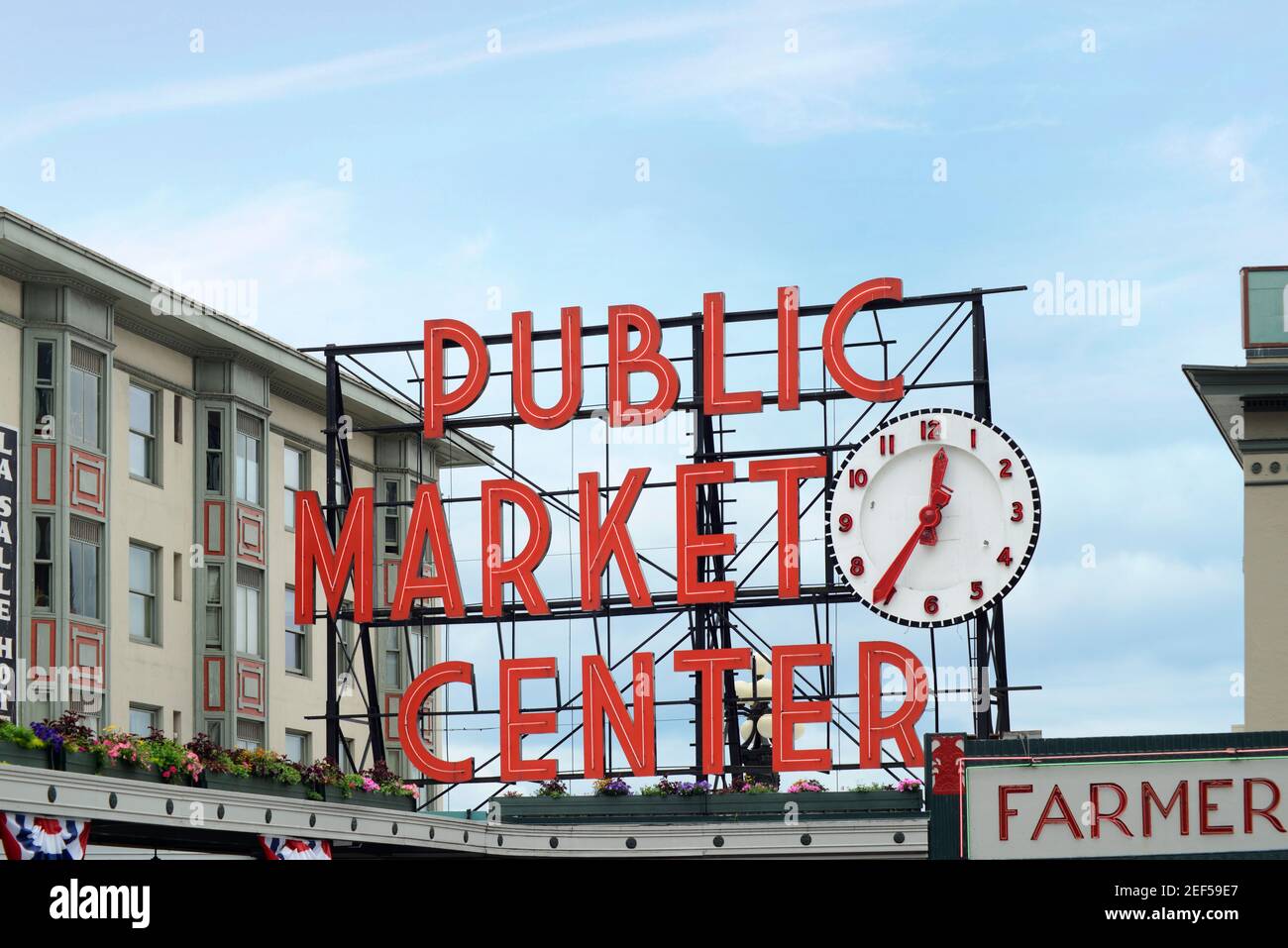 Segno distintivo del mercato di Pike Place a Seattle, WA. Foto Stock