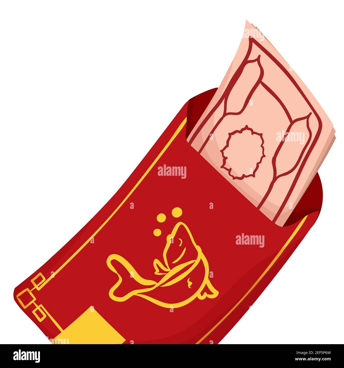 Busta rossa cinese aperta con banconote e disegni di pesce come simbolo di abbondanza e buona fortuna, isolato su sfondo bianco. Illustrazione Vettoriale