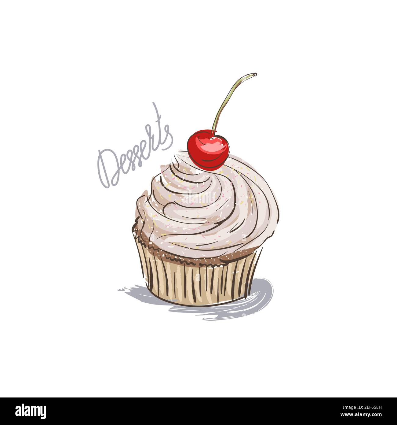 Cupcake disegnata a mano con ciliegie isolate su sfondo bianco. Illustrazione vettoriale Illustrazione Vettoriale