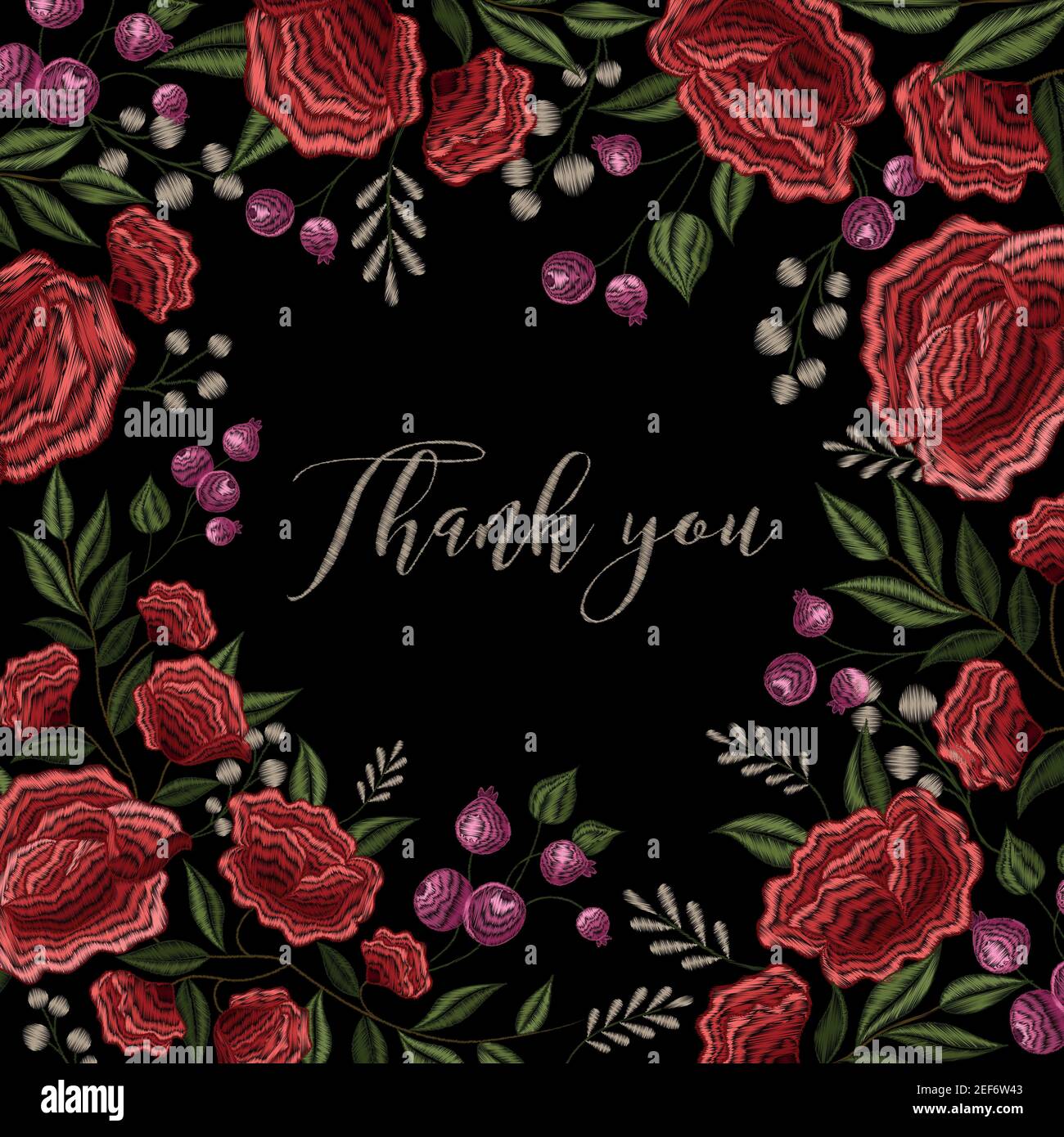 Rose rosse su sfondo nero motivo decorativo floreale ricamo cornice progettare con la scritta grazie illustrazione vettoriale Illustrazione Vettoriale