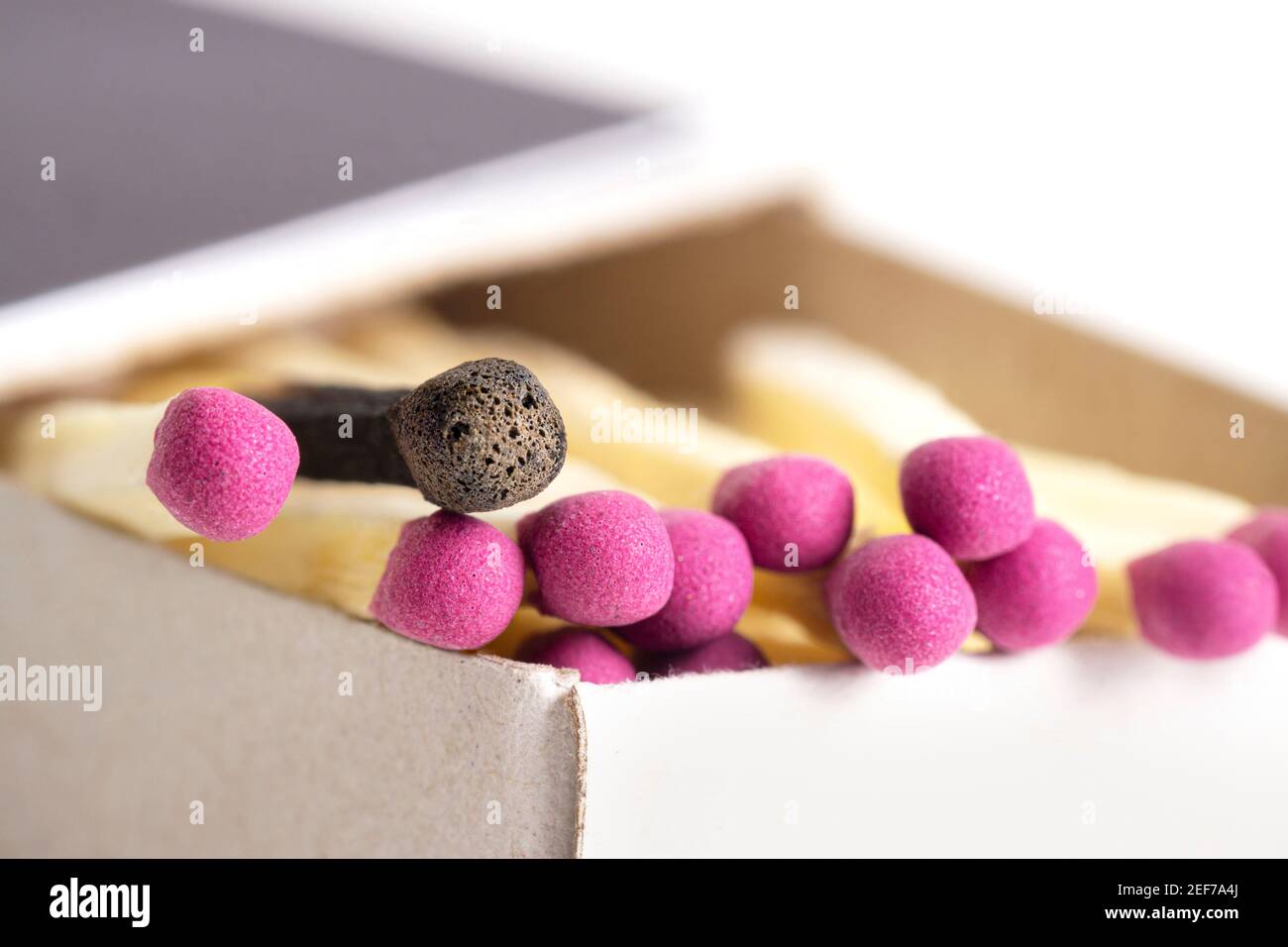 Primo piano delle partite in un matchbox. Viene utilizzato un matchstick. Messa a fuoco selettiva. Foto Stock