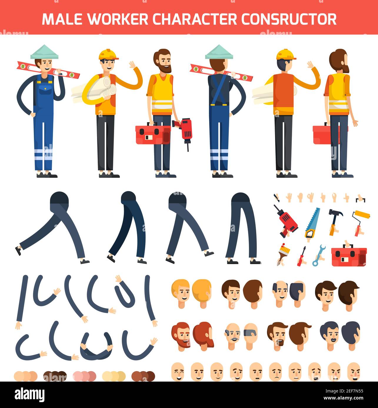 Composizione costruttore di caratteri lavoratori maschi a colori piatti con elementi isolati illustrazione vettoriale delle mani e delle teste delle gambe Illustrazione Vettoriale