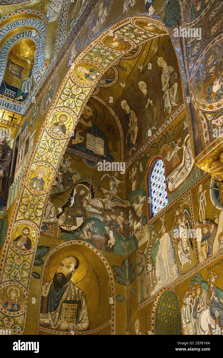 Europa, Italia, Sicilia, Palermo, Palazzo Normanno, Palazzo reale, Palazzo del Parlamento della Regione Sicilia. Cappella Palatina riccamente adornata con Byz Foto Stock