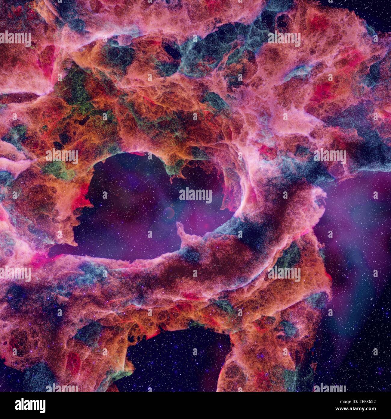 Fantastico ambiente nebuloso con pianeta. rendering 3d. Foto Stock