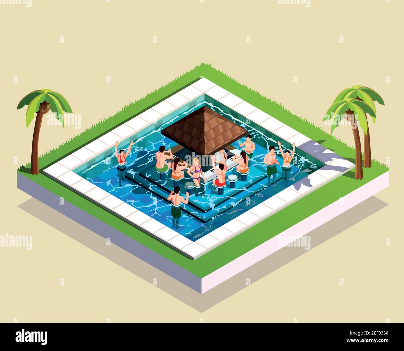 Giovani amici divertirsi nel parco acquatico piscina con barra al centro immagine vettoriale isometrica 3d Illustrazione Vettoriale