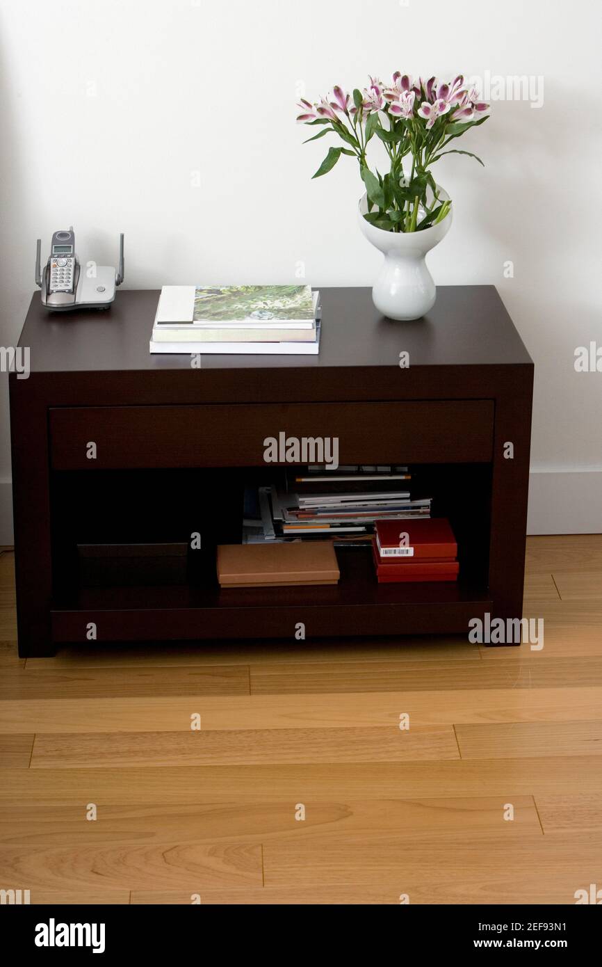 Vaso di fiori con libri e un telefono cordless su un tavola laterale Foto Stock