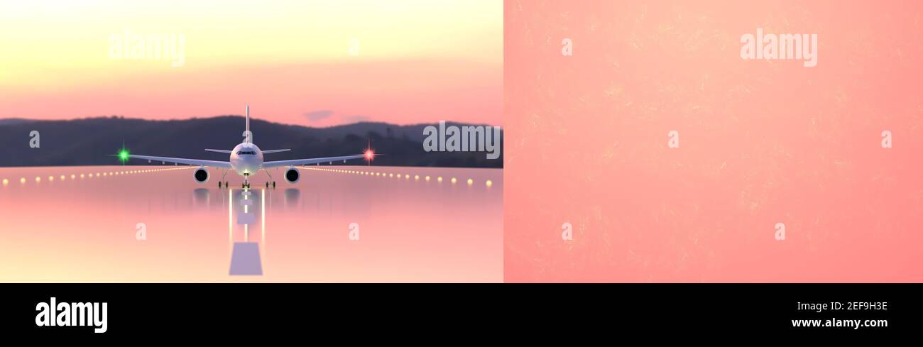 Un aereo passeggeri sulla pista al tramonto rosa e viola. La strada è bagnata dal riflesso. Banner con un airbus e un posto per il testo. Corsa c Foto Stock