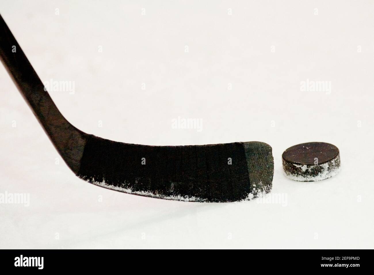 Primo piano di un bastone da hockey su ghiaccio con un disco da hockey Foto Stock
