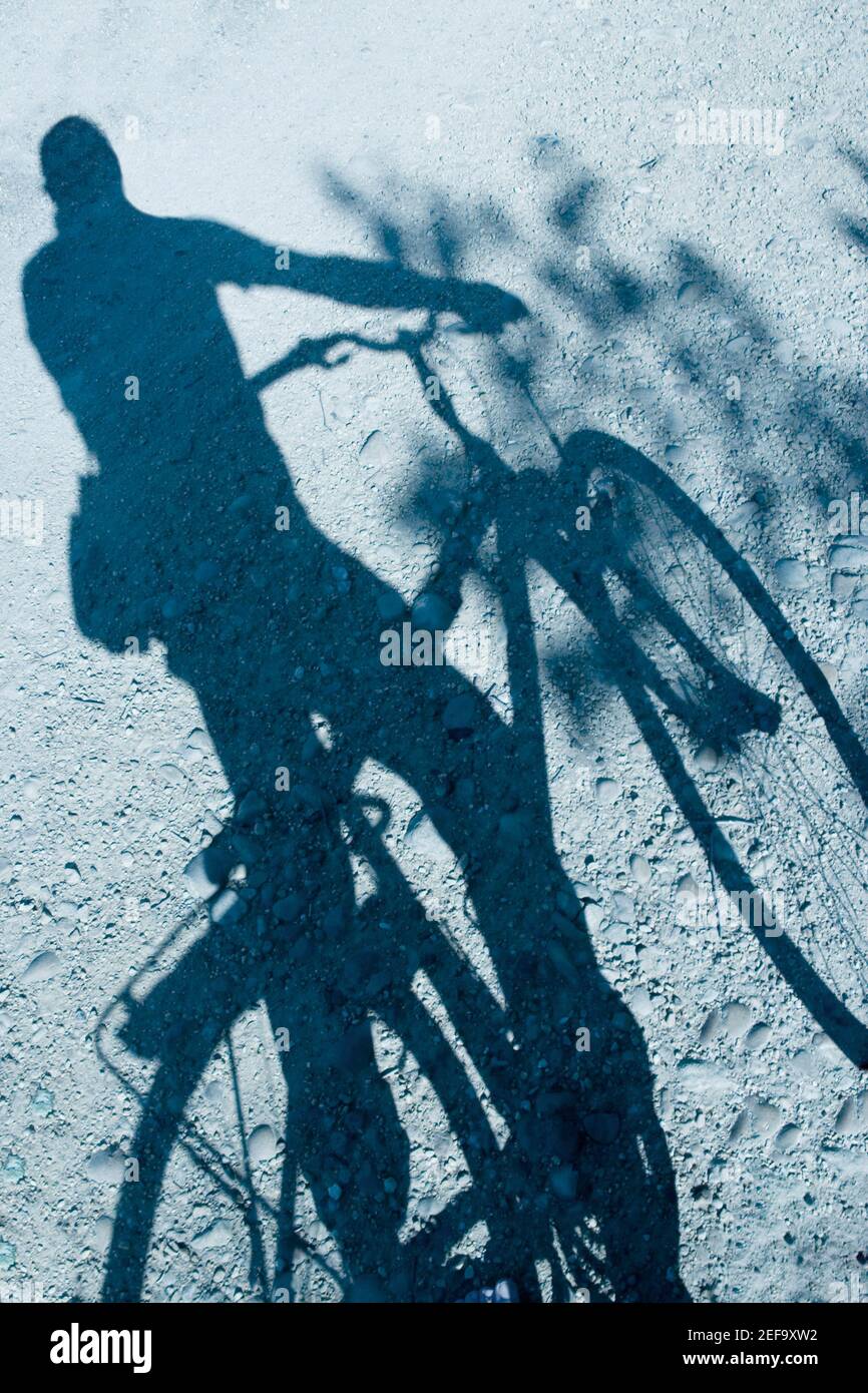 Primo piano dell'ombra di una persona in bicicletta Foto Stock