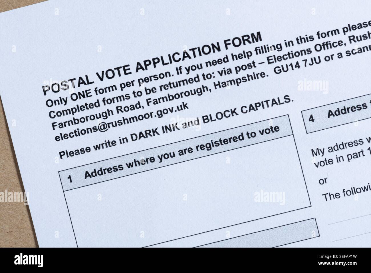 Modulo di richiesta di voto postale, Regno Unito, 2021 Foto Stock