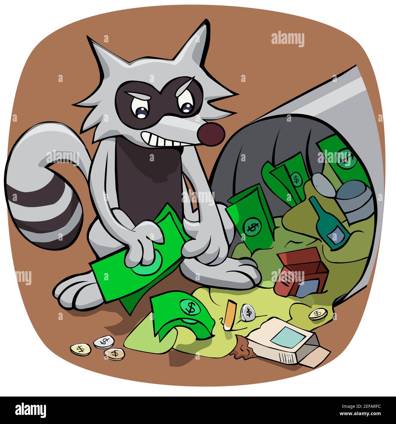 Primo piano di un raccoon che raccoglie le fatture del dollaro da una spazzatura contenitore Foto Stock