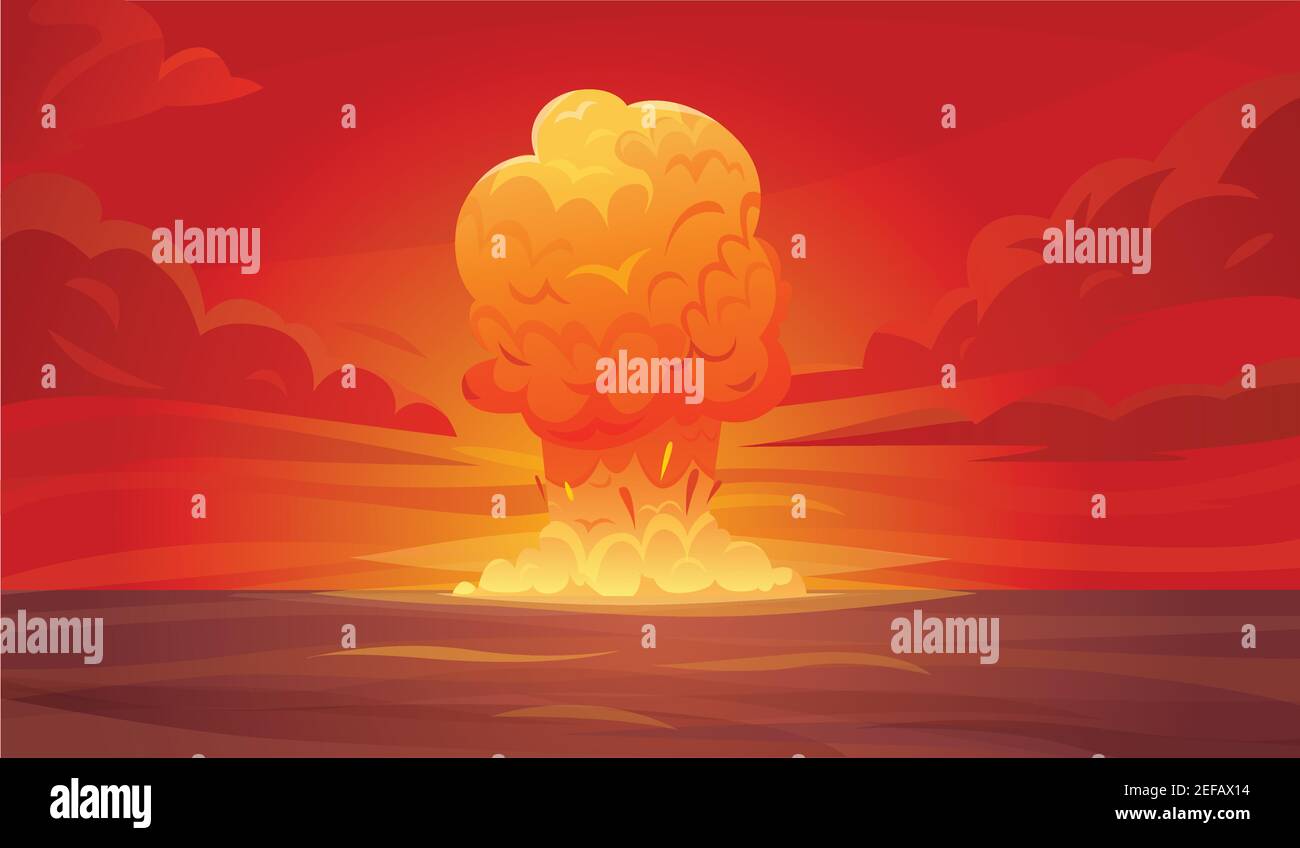 Composizione di esplosione nucleare rossa colorata o poster con colonna di fumo che sale verticalmente nell'illustrazione del vettore del cielo Illustrazione Vettoriale