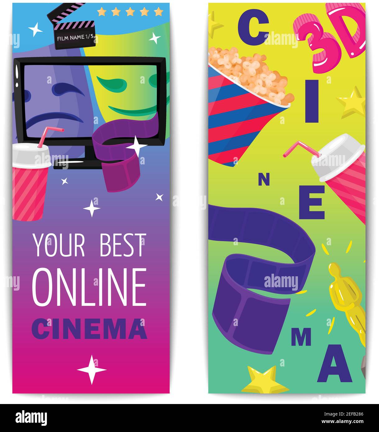 Cinema due striscioni verticali isolati con popcorn 3D figurine premio ripresa delle immagini online visualizzazione vettoriale piatta Illustrazione Vettoriale