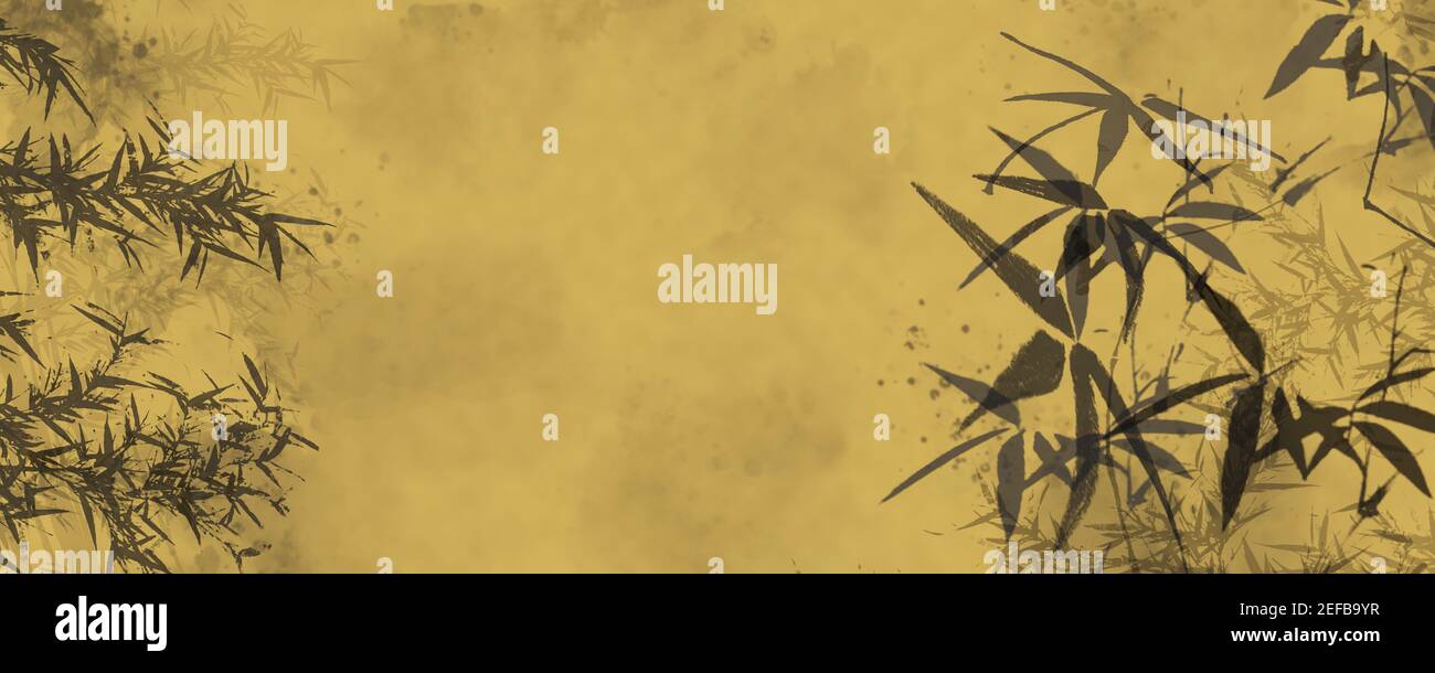 inchiostro cinese tradizionale con bamboos e inchiostro colorato stile su carta gialla antica disegno Foto Stock