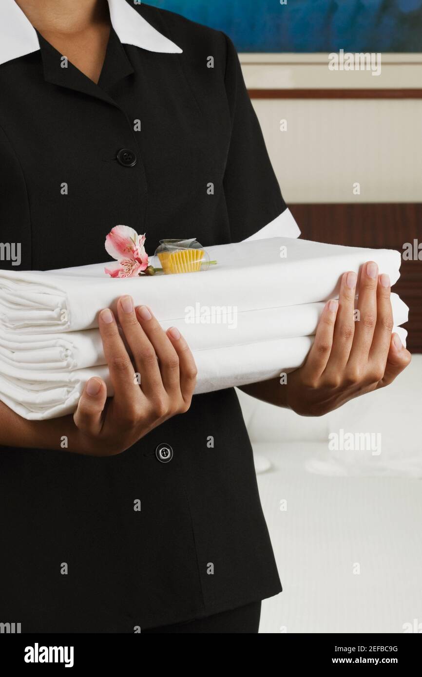 Caramelle, primo piano, immagine a colori, Flower, Focus on Foreground, Cibo e bevande, Vista frontale, tenuta, interni, Maid, Mezza sezione, una persona, una sola donna, Fotografia, occupazione di servizio, Serving, foglio, pila, uniforme, verticale, Cameriera, assistenza, preparazione Foto Stock