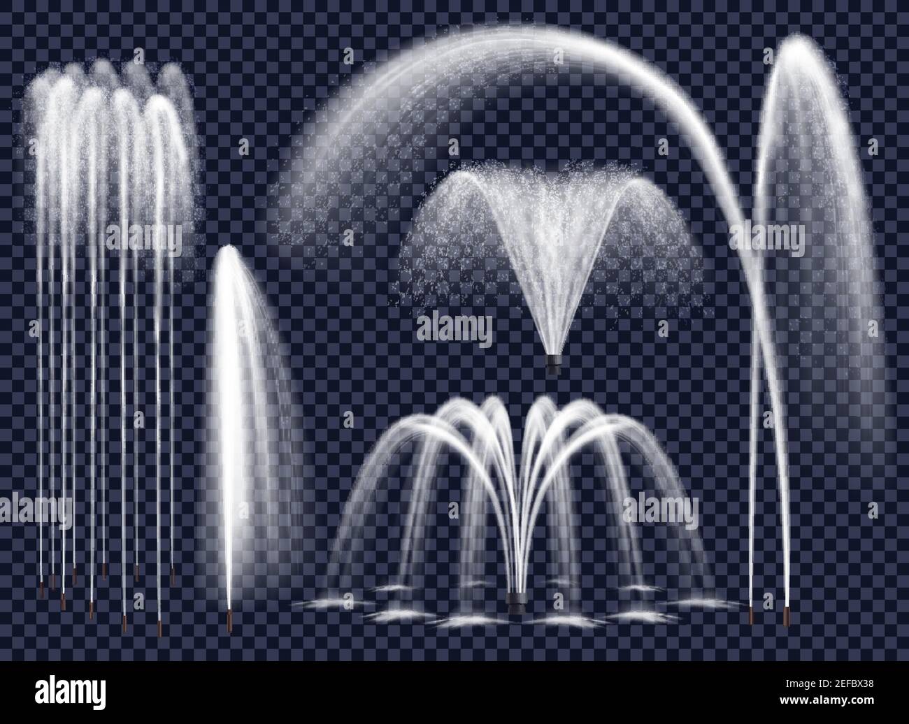 Set di fontane realistiche con getti d'acqua in varie geometrie combinazione su sfondo trasparente immagine vettoriale isolata Illustrazione Vettoriale