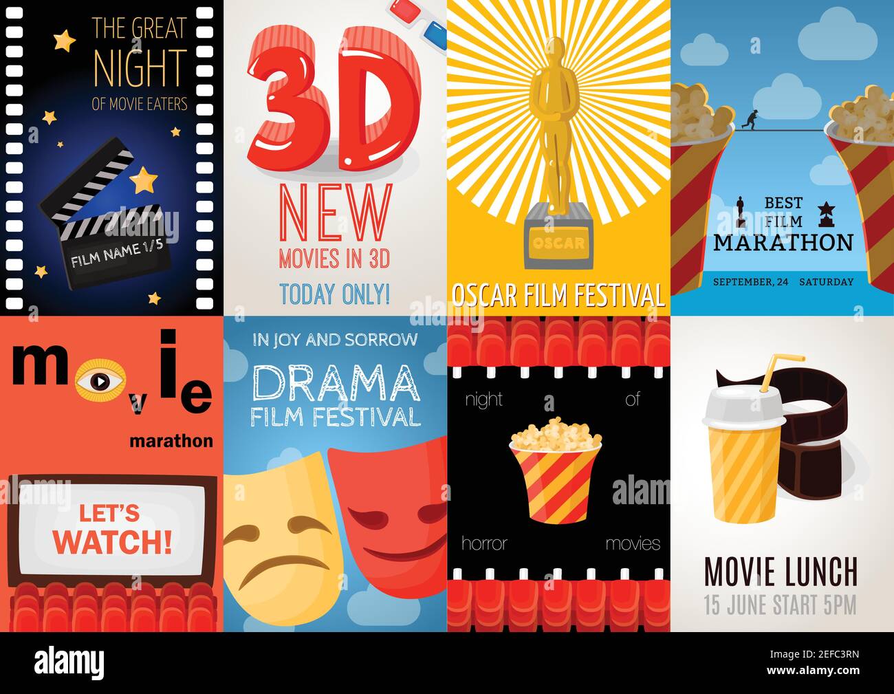 Set di otto poster cinematografici con film festival pubblicitari e. immagine vettoriale isolata piatta con simboli del pranzo del filmato Illustrazione Vettoriale
