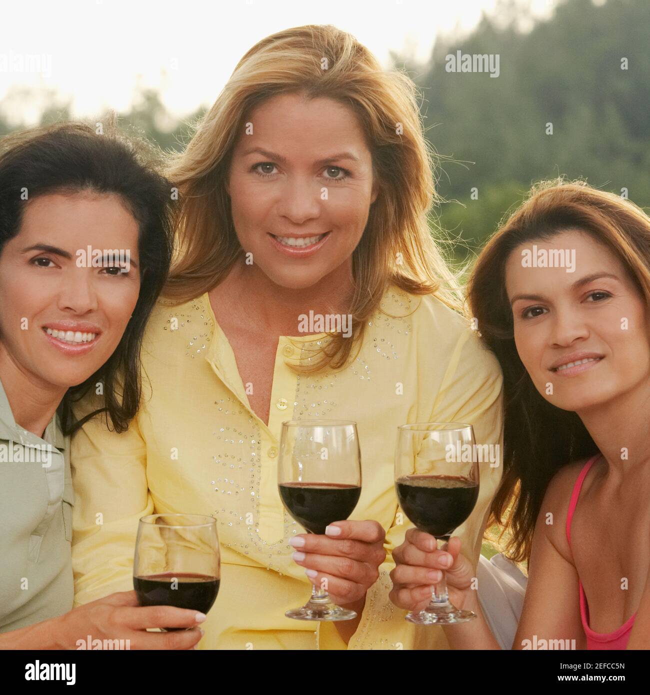 Ritratto di due donne mid adulte e di una donna matura tenere bicchieri da vino Foto Stock
