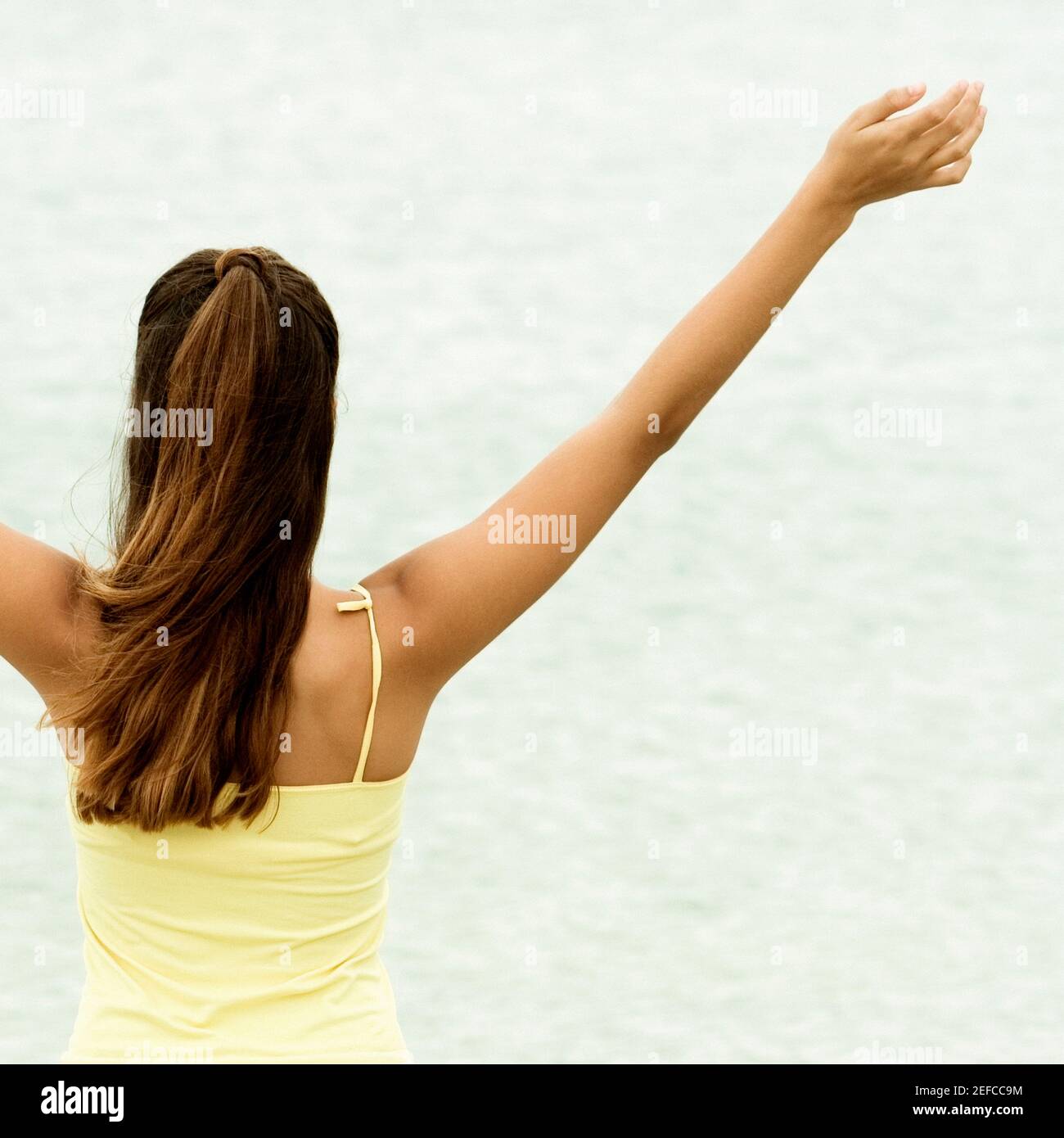 Vista posteriore di una ragazza in piedi con le braccia sollevate Foto Stock