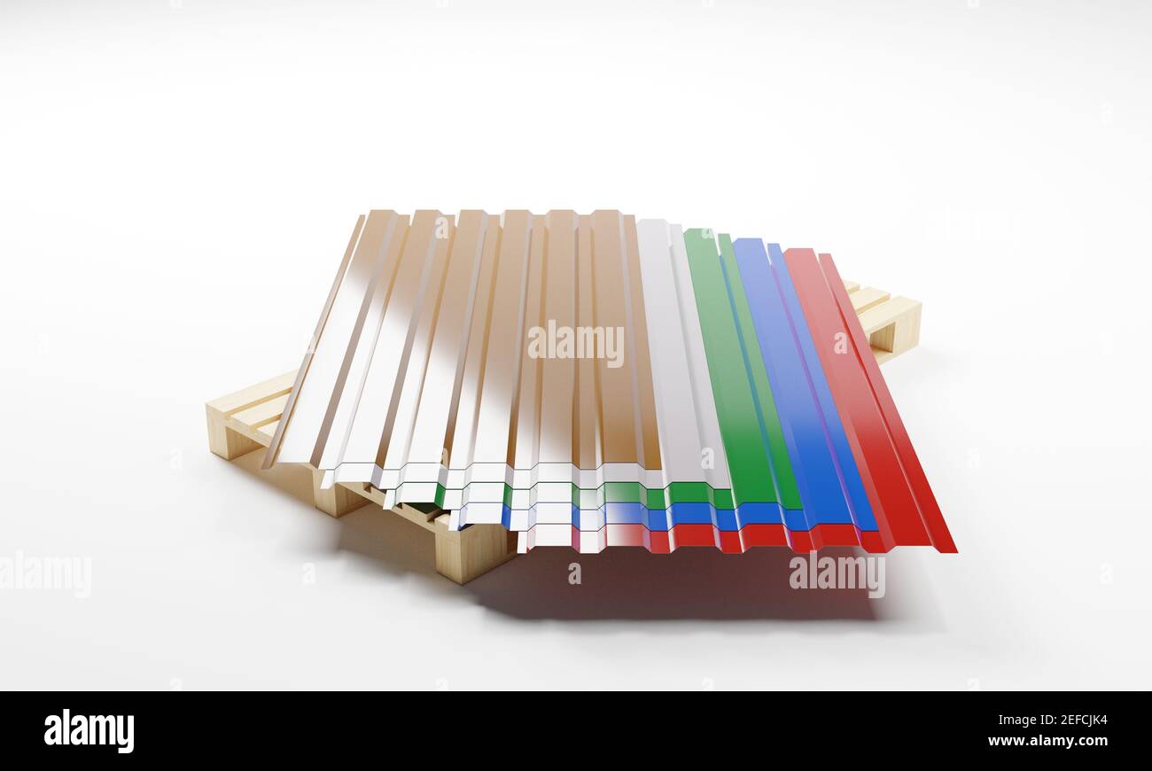 Rendering 3D di un pannello profilato metallico su pallet in l'assortimento di cinque colori popolari isolati su un bianco Sfondo.Illustrazione di un'immagine digitale Foto Stock