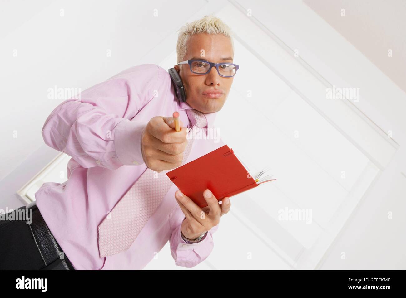 Ritratto di un uomo d'affari che parla su un telefono cellulare e. puntare con una matita Foto Stock