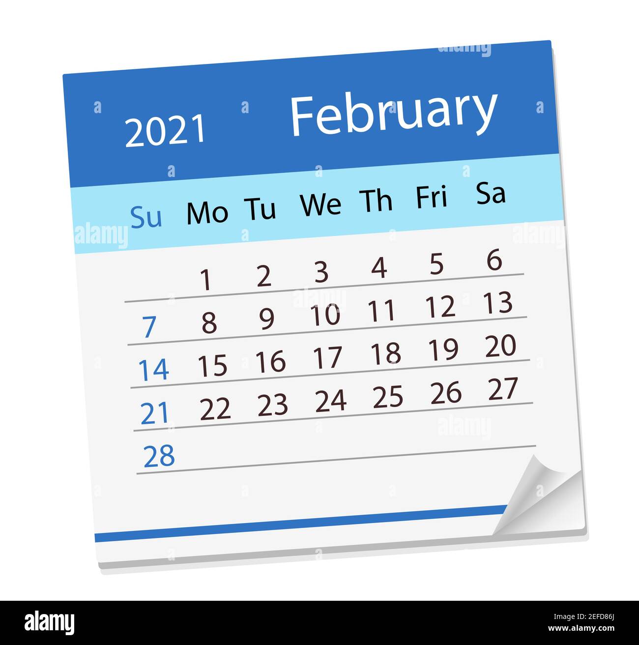 Calendario del mese di febbraio 2021. Illustrazione vettoriale. La settimana inizia la domenica, in lingua inglese. Illustrazione Vettoriale