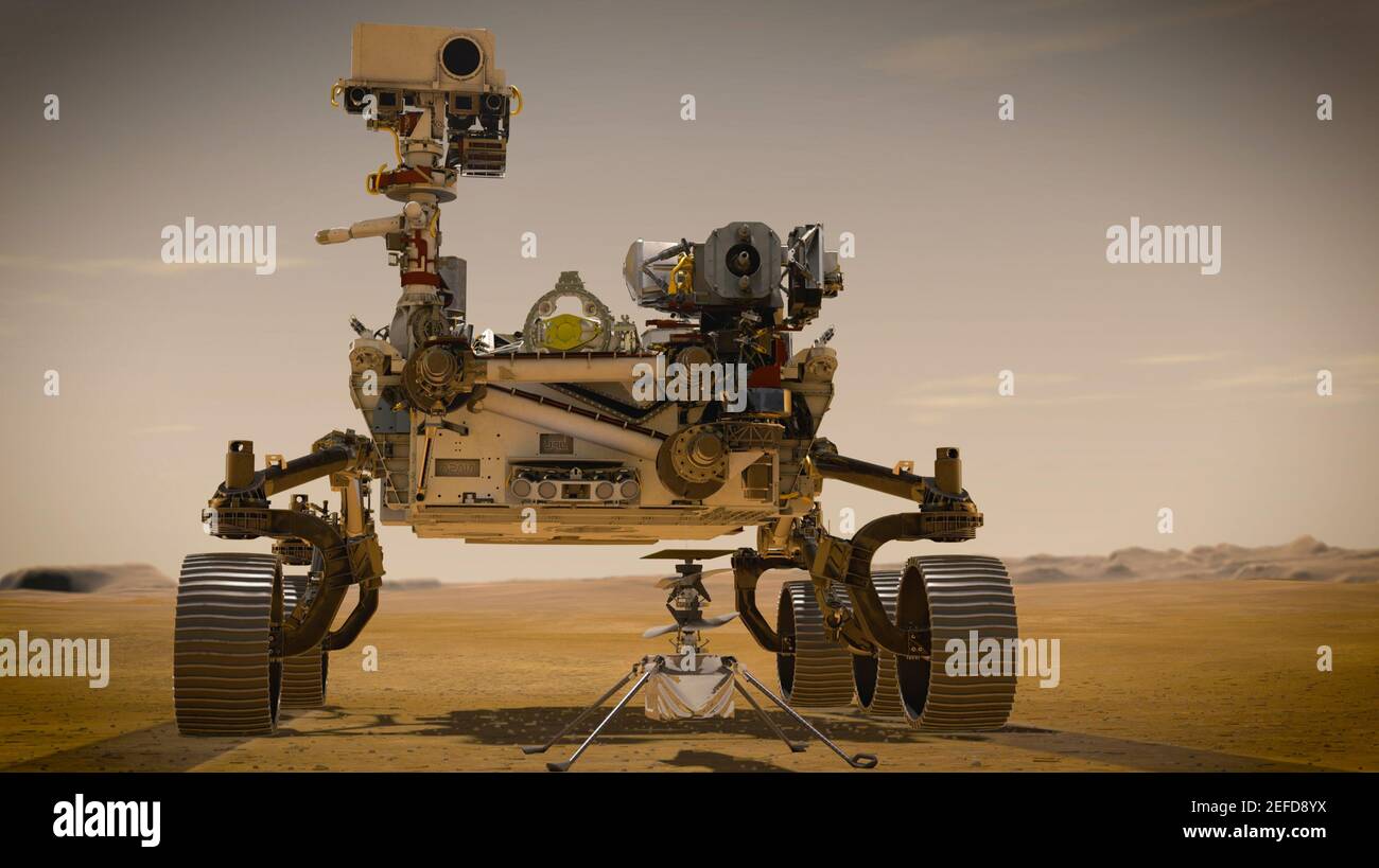 MARS - 2021 - quando l'Ingenuity Mars Helicopter della NASA tenta il suo primo volo di prova sul pianeta Rosso, la perseveranza rover Mars 2020 dell'agenzia b Foto Stock