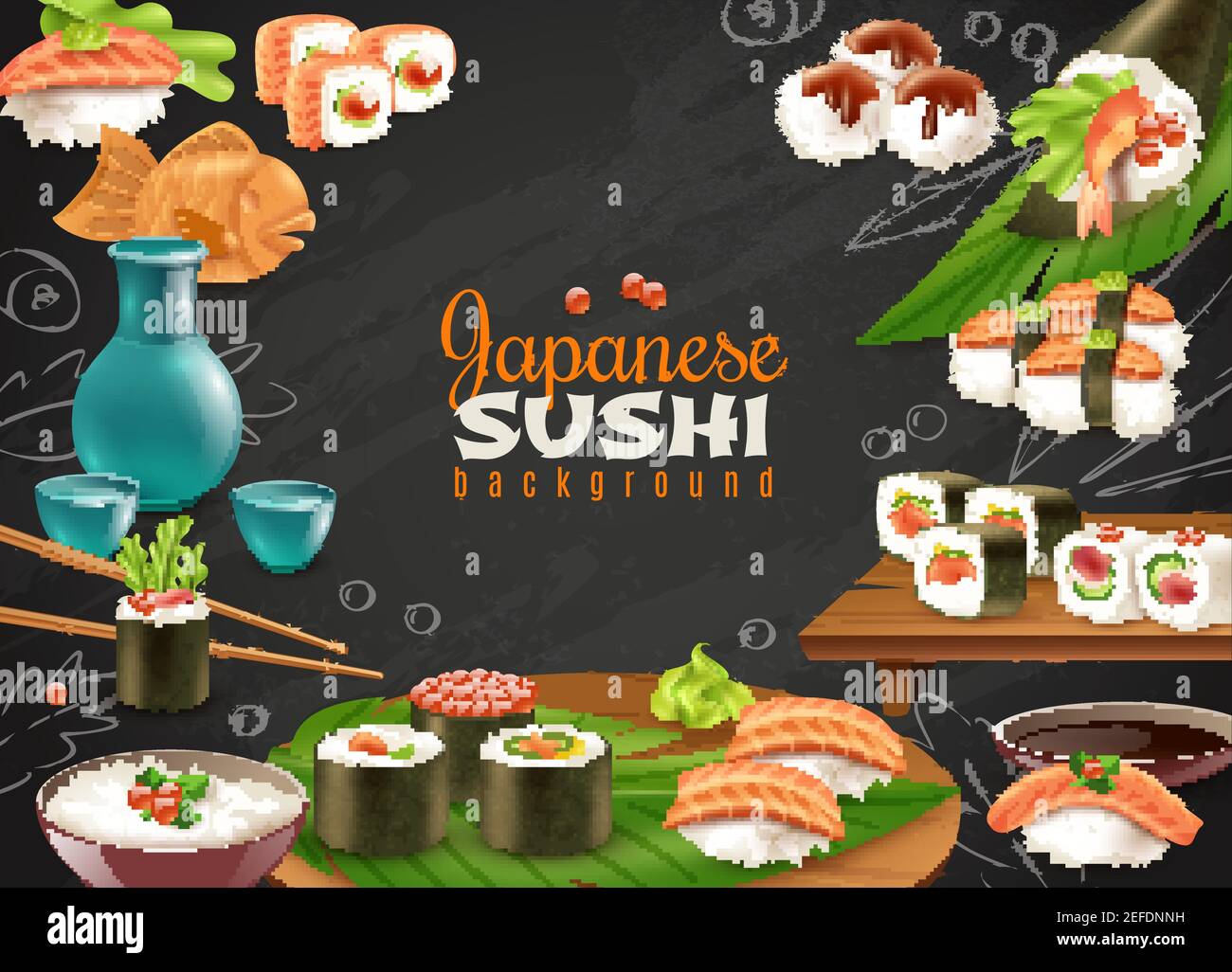 Sfondo nero lavagna con vari tipi di sushi maki sake e altri piatti  giapponesi illustrazione vettoriale realistica Immagine e Vettoriale - Alamy