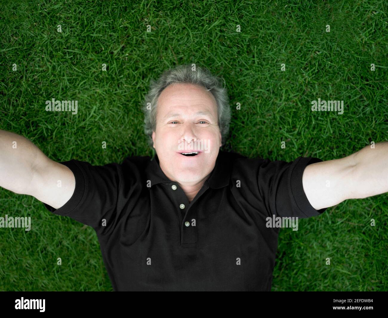 Ritratto di un uomo maturo sdraiato sull'erba e. sorridente Foto Stock