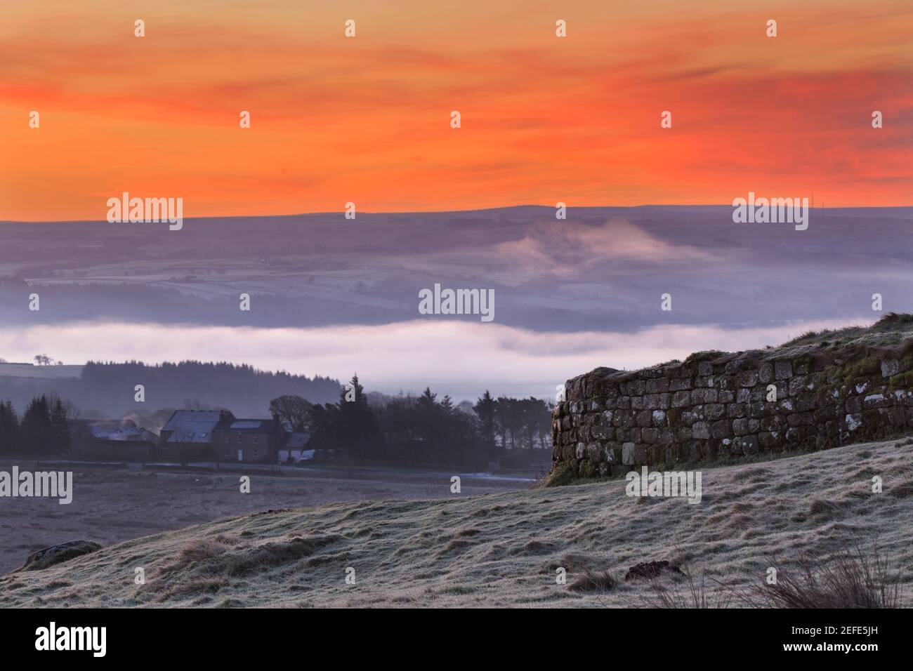 Un'alba gloriosa a Peel Gap, con la bassa nebbia prominente nella valle sottostante - il Muro di Adriano, Northumberland, Regno Unito Foto Stock