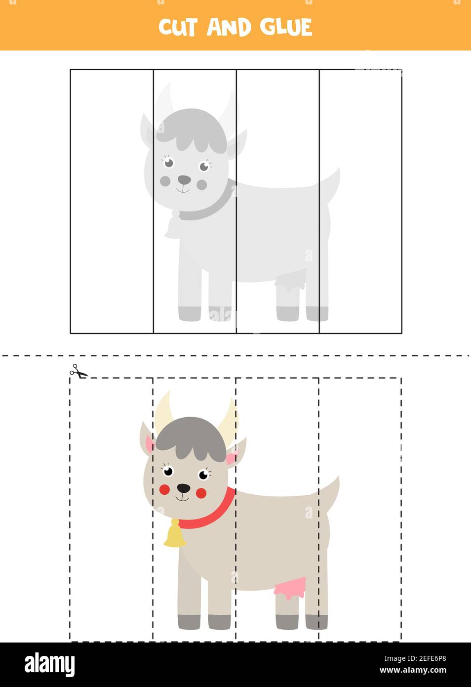 Taglia e colla gioco per bambini. Carino capra fattoria. Illustrazione Vettoriale