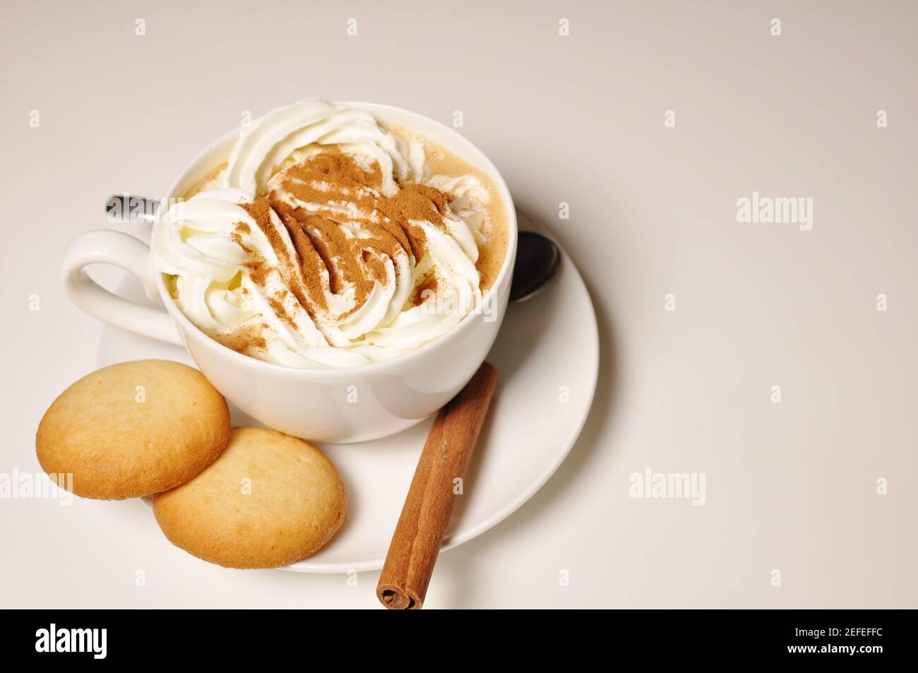 Tazza calda di cappuccino con biscotti e bastone di cannella come decorazione. Piano superiore, spazio per la copia Foto Stock