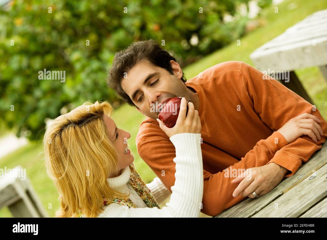 Giovane donna che alimenta una mela ad un uomo medio adulto Foto Stock