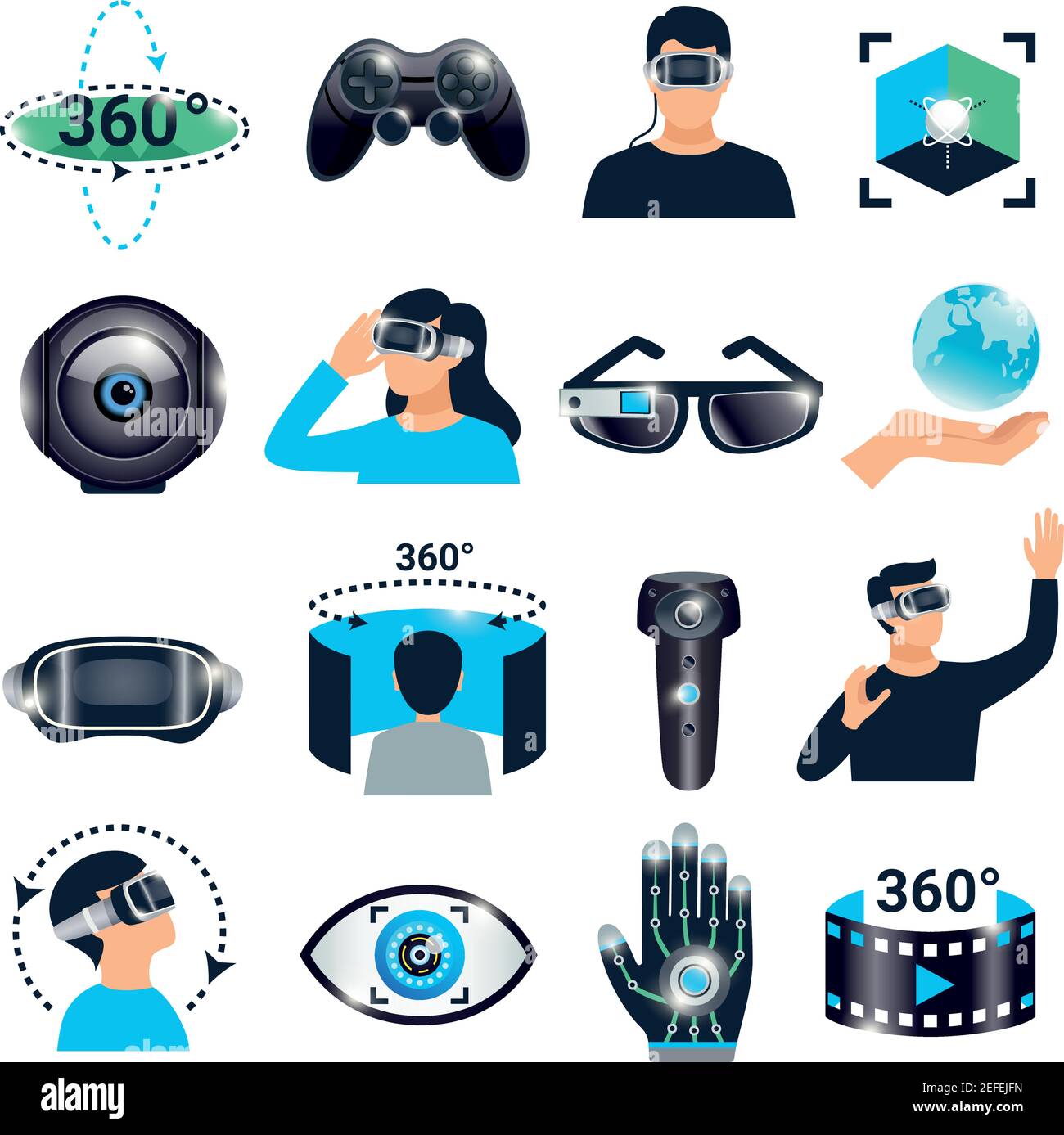 Icone colorate isolate di simulazione di realtà virtuale con un angolo di visualizzazione di un vettore di trecentosessanta gradi illustrazione Illustrazione Vettoriale