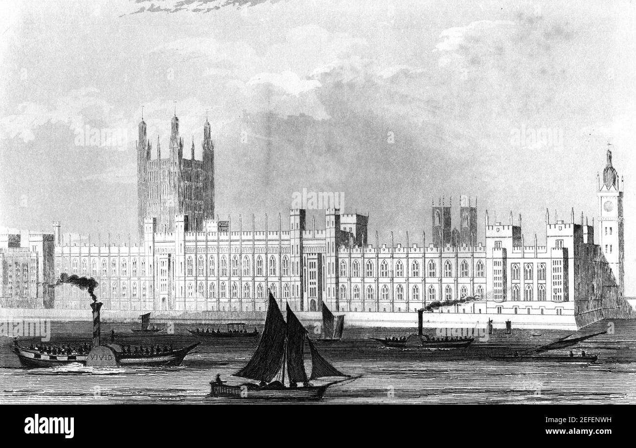 Illustrazione del 19 ° secolo: Nuove Case di Pariliamento circa 1860. Con piroscelli a pale sul Tamigi in primo piano Foto Stock