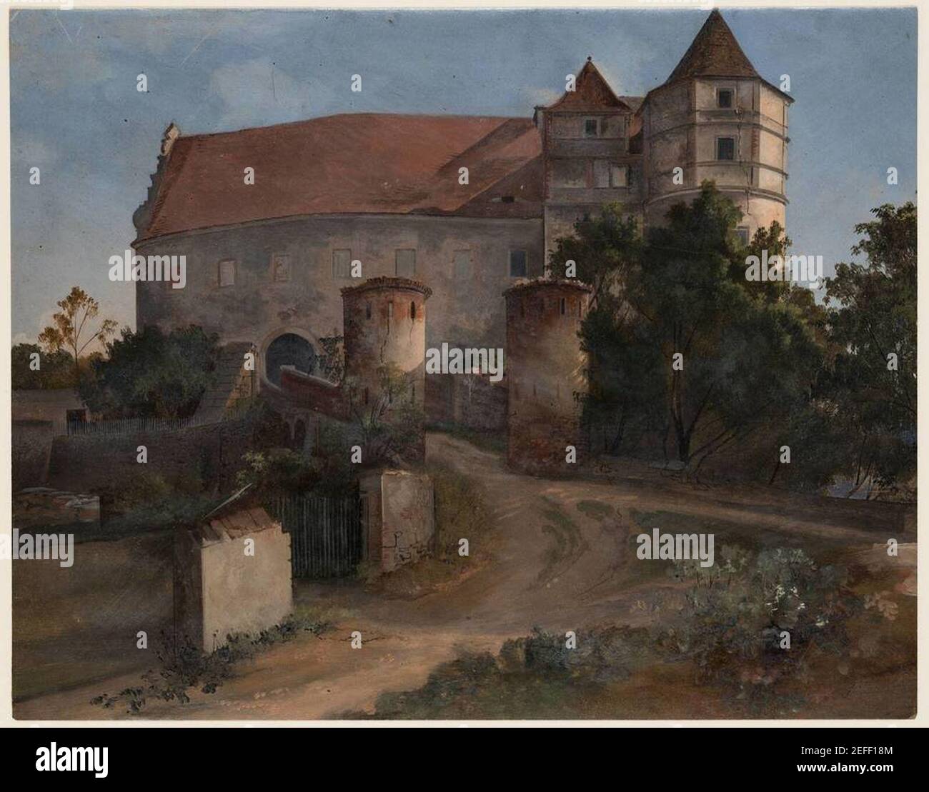 Ernst Ferdinand Oehme - Einfahrt zum Schloss Scharfenberg. Foto Stock