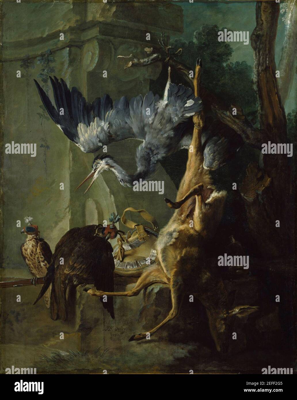 Jean-Baptiste Oudry - Jagdbeute mit totem Reh, zwei Falken und einem Reiher (1721). Foto Stock