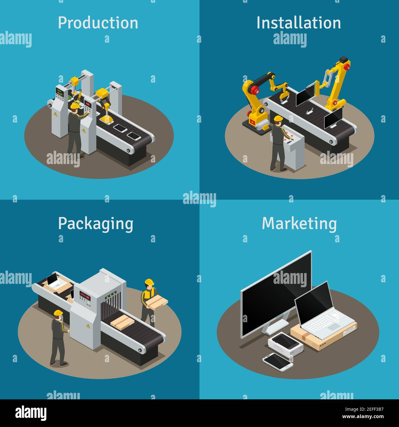 Composizione isometrica di fabbrica di elettronica quadricromatica con impianto di produzione illustrazione vettoriale delle descrizioni di imballaggio e marketing Illustrazione Vettoriale
