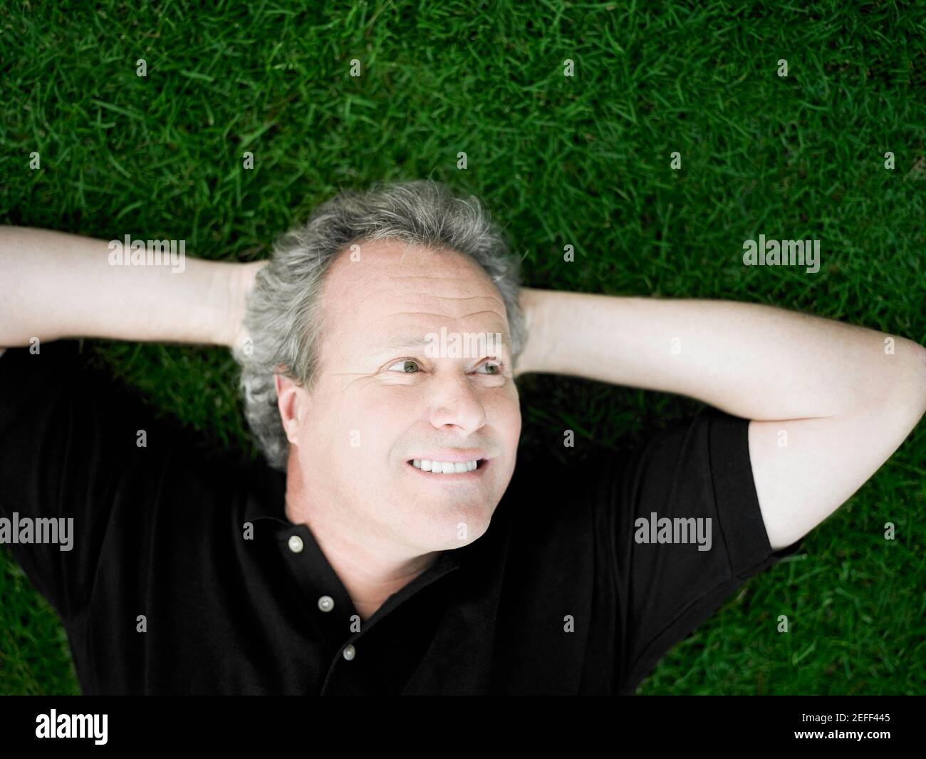 Uomo maturo sdraiato sull'erba in un parco Foto Stock