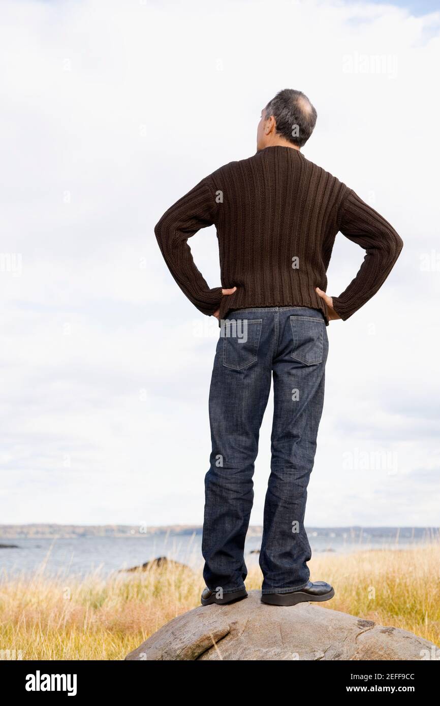 Vista posteriore di un uomo maturo in piedi su una roccia con armi akimbo Foto Stock