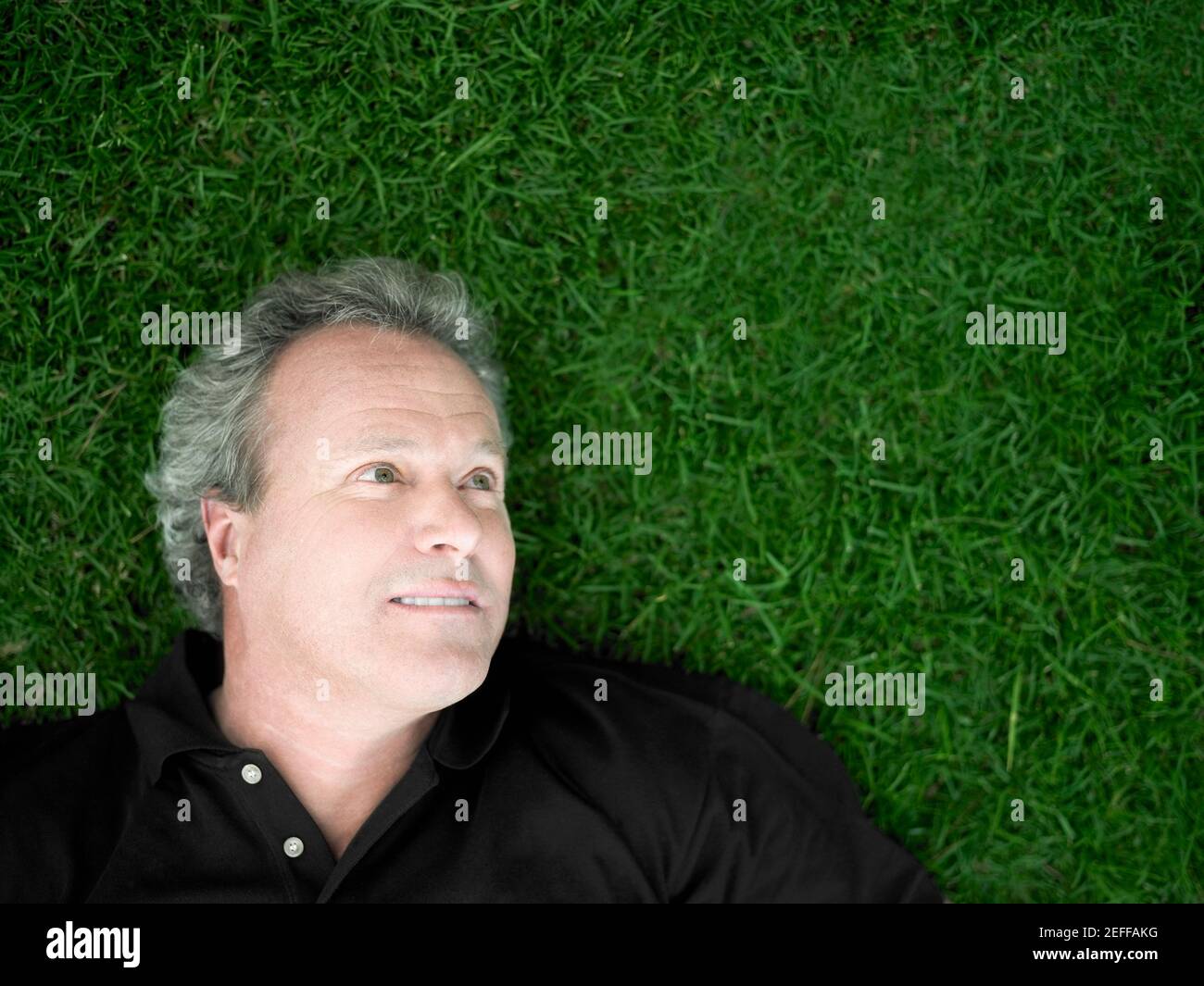 Uomo maturo sdraiato sull'erba in un parco Foto Stock