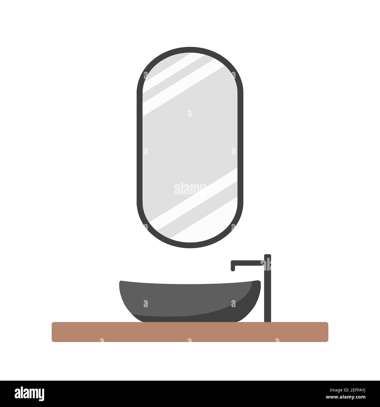 Interni moderni del bagno in stile scandinavo. Accogliente camera bianca contemporanea con specchio con cornice nera e lavandino scuro. Illustrazione vettoriale in piano Illustrazione Vettoriale