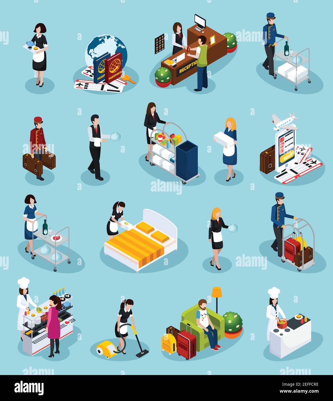 Set di icone isometriche colorate per il servizio alberghiero che forniscono un servizio clienti di successo per l'illustrazione vettoriale dell'esperienza degli ospiti Illustrazione Vettoriale