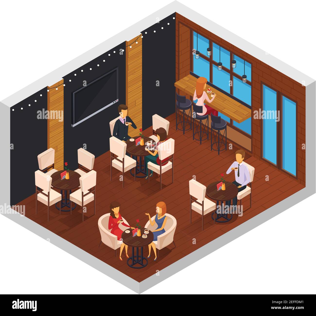 Cafe interno ristorante pizzeria bistrot mensa composizione isometrica con finestra tabelle tv e caratteri del visitatore illustrazione vettoriale Illustrazione Vettoriale