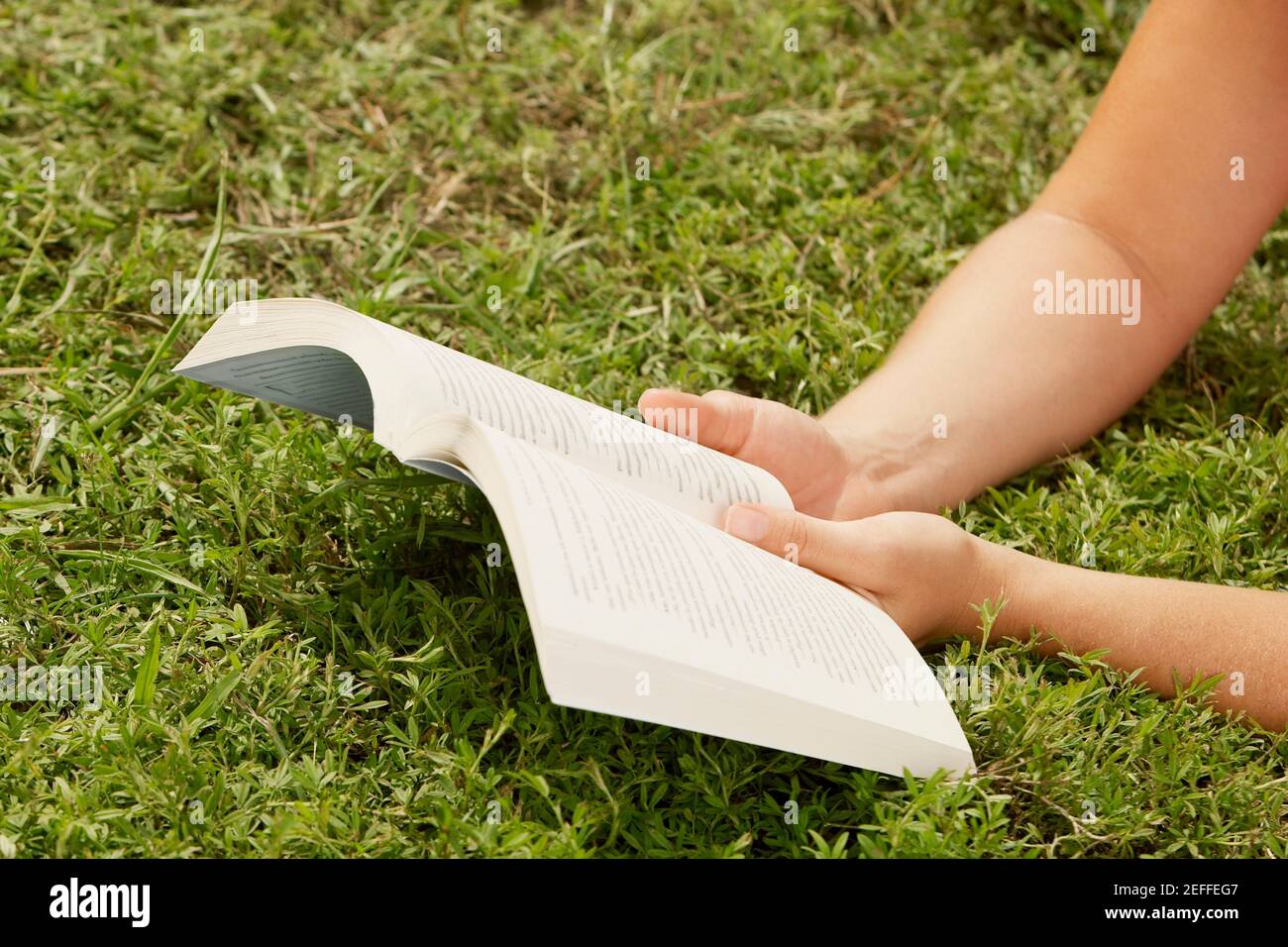Primo piano di una mano umana che tiene un libro Foto Stock