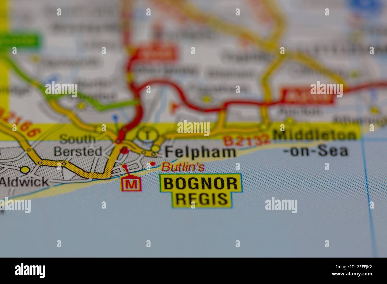 Bognor regis viene visualizzato su una mappa utilizzando la messa a fuoco selettiva Foto Stock